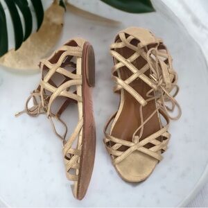 Aquazzura Gold Metallic Leather Lace Up Lattice Gladiator Flat Sandal 5.5